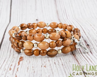 Olive Wood Bracelet, Wooden Rosary Bracelet with Silver Cross Pendant made in the Holy Land, Unique Religious Gift for Any age or Occasion