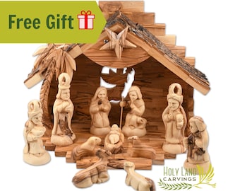 Wooden Nativity Set for Christmas Made of Olive Wood in the Holy Land - 13 Piece Musical Nativity Scene Set - Choose your FREE GIFT