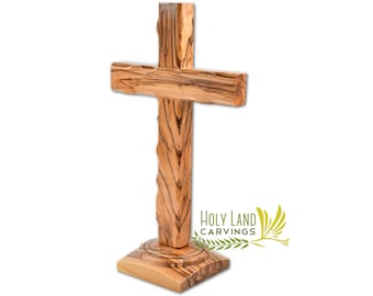 9" Standing Cross Décor, Olive Wood Cross on Stand Made in the Holy Land, Simple Wooden Standing Cross for Nursery, Cross for Communion