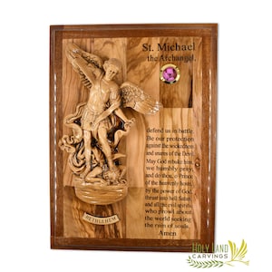 St. Michael the Archangel Wall Plaque Made of Olive Wood in the Holy Land - Religious Wall Décor with Laser engraved St. Michael Prayer