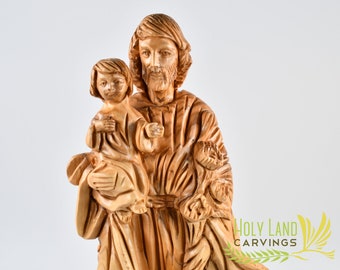 St. Joseph Carrying the Holy Child and Flowers Olive Wood Masterpiece - Made of the Holy Land's authentic Olive Trees