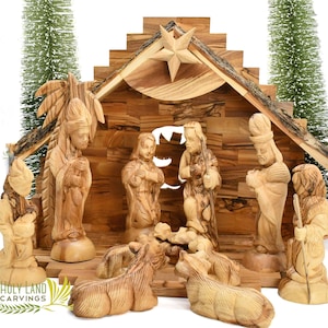 Large Wooden Nativity Set for Christmas Made of Olive Wood in the Holy Land - 13 Piece Nativity Scene with Music Box