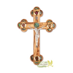 11 Inch Mother of Pearl & Olive Wood Wall Hanging Cross Crucifix - Wooden Cross for Home Décor with 4 Glasses Made in the Holy Land