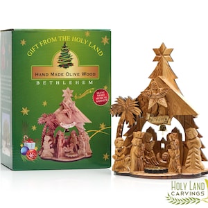 Musical Nativity Scene Set for Christmas | Olive Wood Nativity Set with glass of Incense from Bethlehem | Wooden Carved Nativity