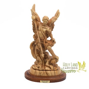 St. Michael The Archangel Sculpture, St. Michael Olive Wood Masterpiece Made in the Holy Land, St. Michael Defeating Satan Statue