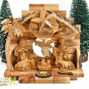 Olive Wood Nativity Set with Bark Roof | Wooden Nativity Scene For Christmas Manger Scene | Christmas Nativity Decor | Wooden Nativity set