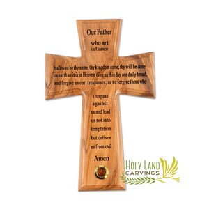 The Lord&#39;s Prayer Cross, Olive Wood Cross with our Father Prayer, The Lords Prayer Wall Décor Made in the Holy Land