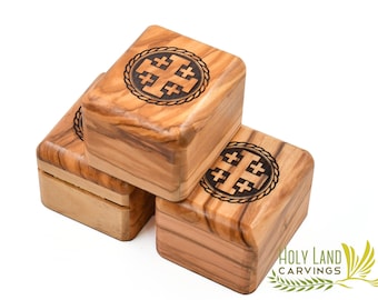 Olive Wood Rosary Box, Jewelry Box, Keepsake Box Engraved with Jerusalem Cross - Gift for Confirmation, First Communion or any Occasion