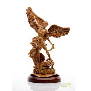 Large St. Michael The Archangel Statue, St. Michael Olive Wood Masterpiece Made in the Holy Land, St. Michael Defeating Satan Statue