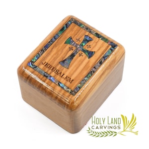 Olive Wood Box with Mother of Pearl Cross Décor, Keepsake Box, Rosary Box, Jewelry Box made in the Holy Land, Great Box to store Rosaries