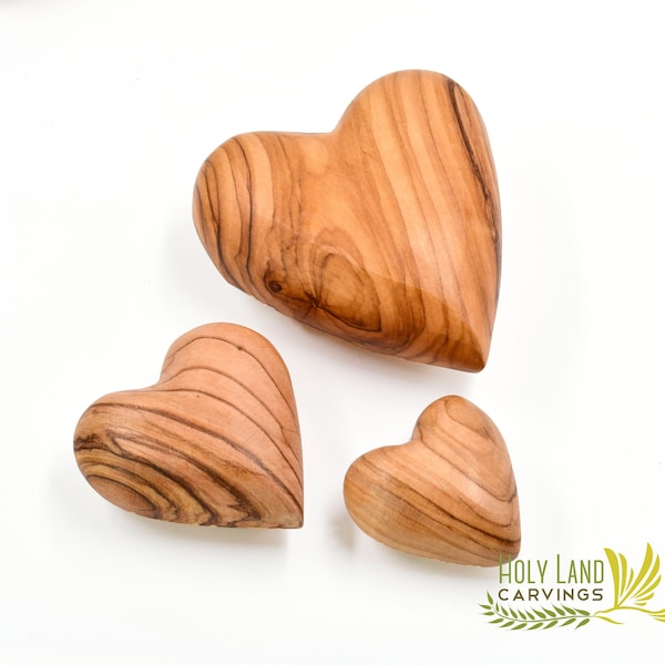 Olive Wood Hearts, Wooden Hearts, 3D Heart Shape Hand Carved in the Holy Land, valentine day gift for him her Husband Wife