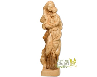Blessed Mother Statue Holding Baby Jesus - Wooden Virgin Mary Figurine Made of Olive Wood in the Holy Land