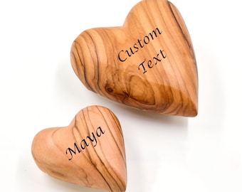 Personalized Wooden Hearts, Olive Wood Hearts, 3D Heart Shape, Hand Carved Hearts Engraved Gift for Hubby Valentine gift for Him Her
