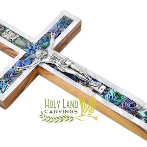 Olive Wood Crucifix with Mother of Pearl Inlaid, Holy Cross for Wall, Religious Gift for Family & Friends