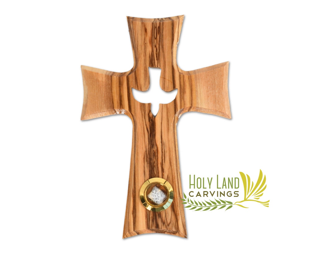 Olive Wood Cross, Holy Spirit Wall Hanging Cross Made in the Holy Land