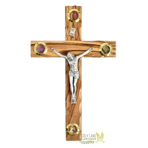 6  Inch Wall Cross Crucifix - Holy Land Olive Wood Cross - 4 Glasses filled with Flowers, Incense, Stone and Olive Leaves - Religious Décor