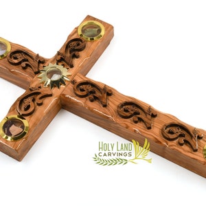 Holy Wall Cross, Olive Wood Cross with Flowers Décor, Decorative Cross for Living Room Kids Room or Christmas Gift