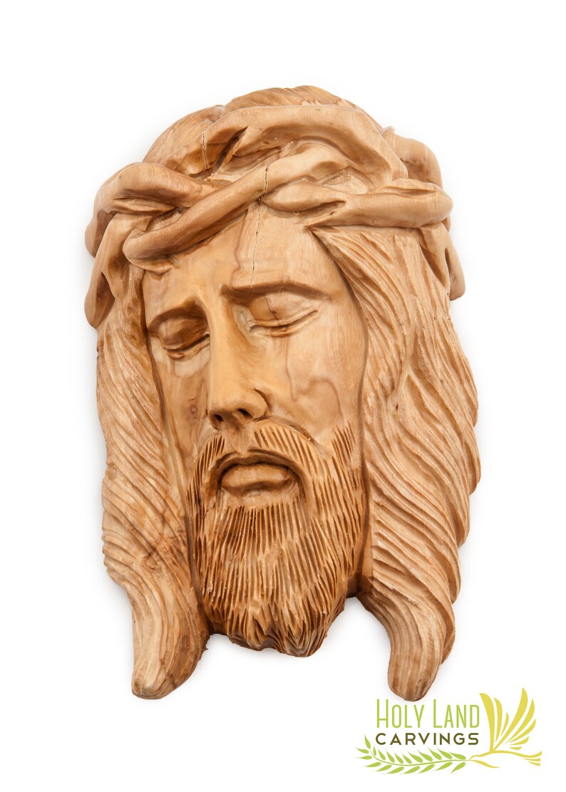 Jesus Face Wall Plaque Made of Olive Wood and Hand Crafted in Large: 7.5 x 5 x 2.5 inches