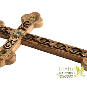 Wall Hanging Wooden Cross - Olive Wood Cross Made in the Holy Land with Wooden Flowers Design and Relics (15.5&quot; Long)