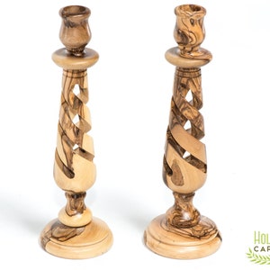 Candlesticks Home Décor Made out of Olive Wood in the Holy Land - Round Spiral Pair of Candlesticks Holder  (11 Inches Long)