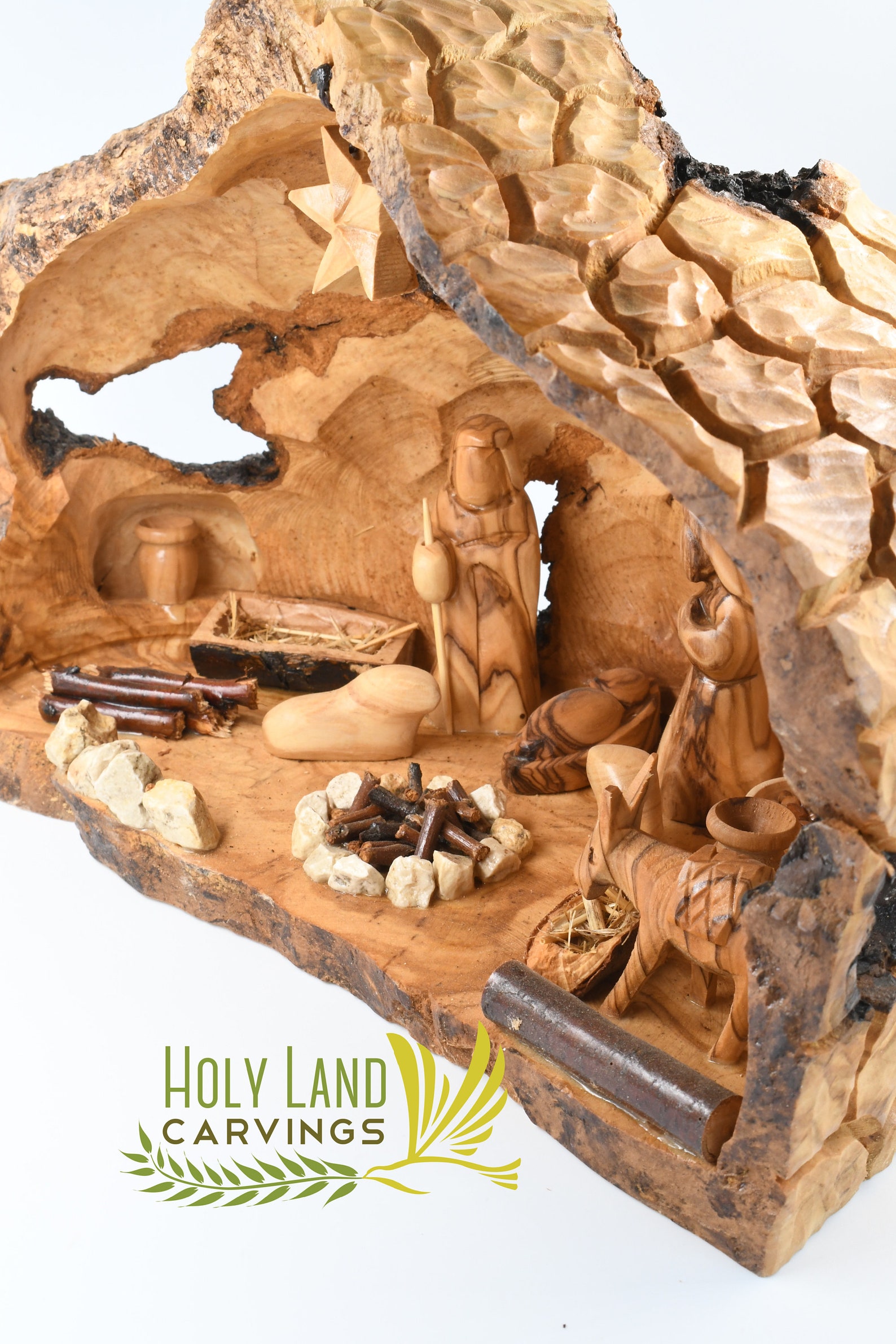 Wooden Nativity Scene In Manger Carved Inside Of A Solid Piece Of Olive 
