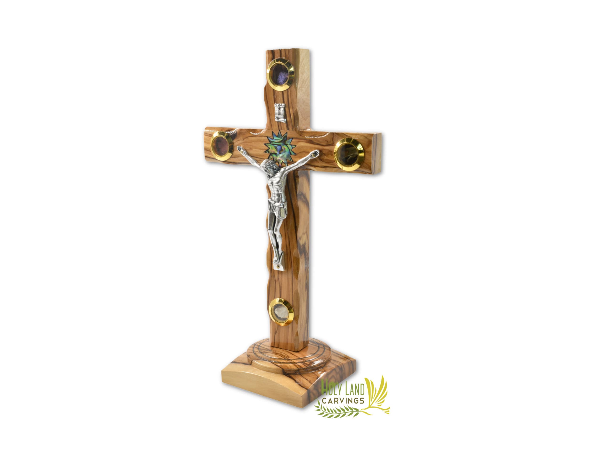 9 Inch Standing Crucifix - Holy Land Cross on Stand made of Olive Wood  4 Glasses with Relics and Mother of Pearl Star