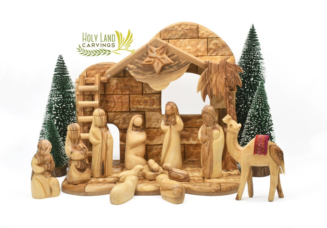 Large Nativity Set, Olive Wood Nativity Set Handmade, Wooden Nativity