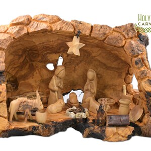 Nativity Scene in Manger carved inside an Olive wood Branch, Olive Wood Nativity Set for Christmas Made in  Bethlehem the Holy Land