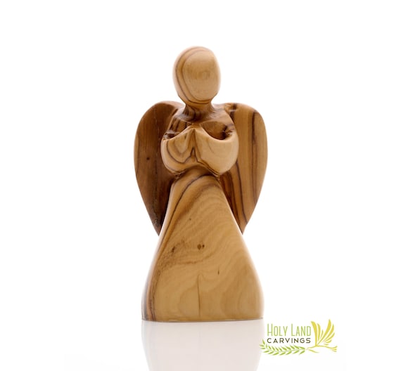 Olive Wood Angel Figurine, Angel Wings Statue Made in the Holy Land, Wooden Angels gift for any special occasion