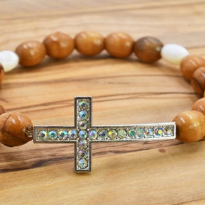 Olive Wood Bracelet, Wooden Beads Bracelet with Cross Charm