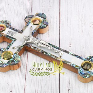 Olive Wood Wall Cross with Mother of Pearl Inlaid, Large Wall Crucifix with 4 Holy Relics, Religious Home Décor made in the Holy Land
