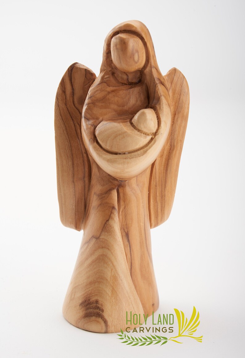 Hand Carved Angel Holding Baby Statue  Made of Quality Olive image 0