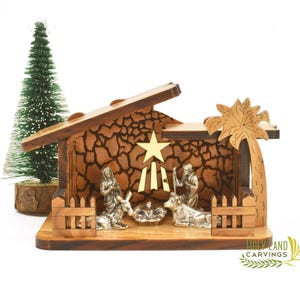 Olive Wood Nativity Set with Silver Figurines | 4.3-Inch-Wide Nativity Scene Made in the Holy Land | Wooden Manger Scene Nativity Set