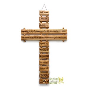 Our Father Prayer 15 Inch Olive Wood Wall Cross Wall Hanging Religious Décor with The Lord&#39;s Prayer Made in The Holy Land