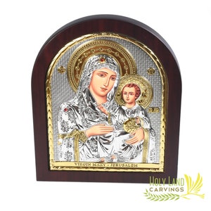 Large Icon of the Blessed Mother & Baby Jesus, Home Blessing Icon, Virgin Mary and Baby Jesus Icon, Plated Silver Icon Christian Home Décor