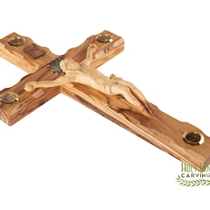 14 Inch Holy Land Wall Hanging Catholic Crucifix made of Olive Wood with Wooden Carved Jesus and Mother of Pearl Star - Religious Wall Décor