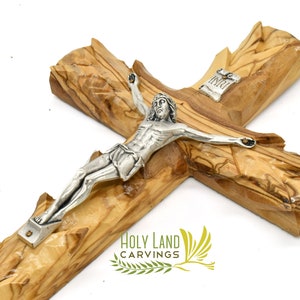 Olive Wood Crucifix, 10 Inch Wooden Cross for Wall Decor Hand Carved in the Holy Land, Christian Gift for Family and Friends