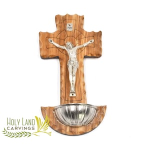 Olive Wood Cross, Wall Crucifix with Holy Water Holder, Home Blessing Catholic gift, Christmas Gift for any age or occasion