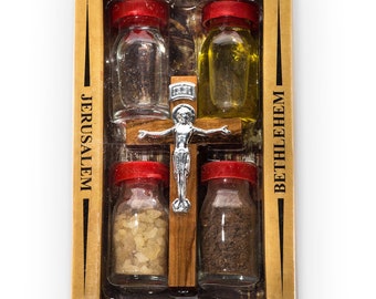 Cruz de Agua Bendita, Tierra, Incienso, Aceite y Madera de Olivo de Tierra Santa