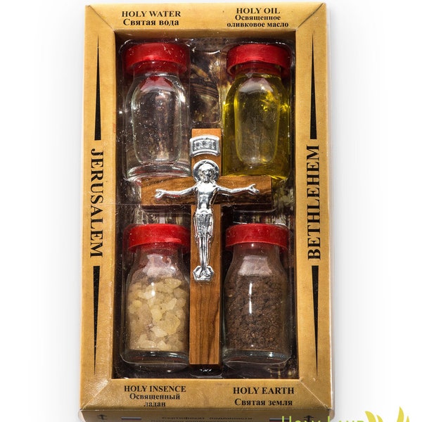 Holy Water-Earth-Incense-Oil & Olive Wood cross From the Holy Land