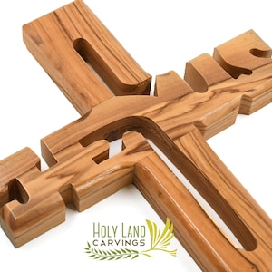 Jesus Name Cross Made of Olive Wood | Wooden Wall Cross | Holy Cross for Wall |  Unique Religious gift for First Communion or any Occasion