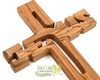 Jesus Name Cross Made of Olive Wood | Wooden Wall Cross | Holy Cross for Wall |  Unique Religious gift for First Communion or any Occasion