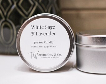 White Sage and Lavender Candle | Small Travel Candle | 4oz Hand Poured Soy Candle