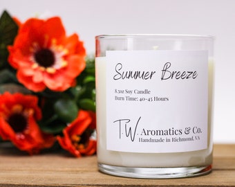 Summer Breeze Soy Candle: Fruity Scent, 8.5oz Hand Poured Candle