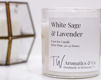 White Sage and Lavender | Hand Poured Soy Candle | 8.5oz Clear Glass Tumbler