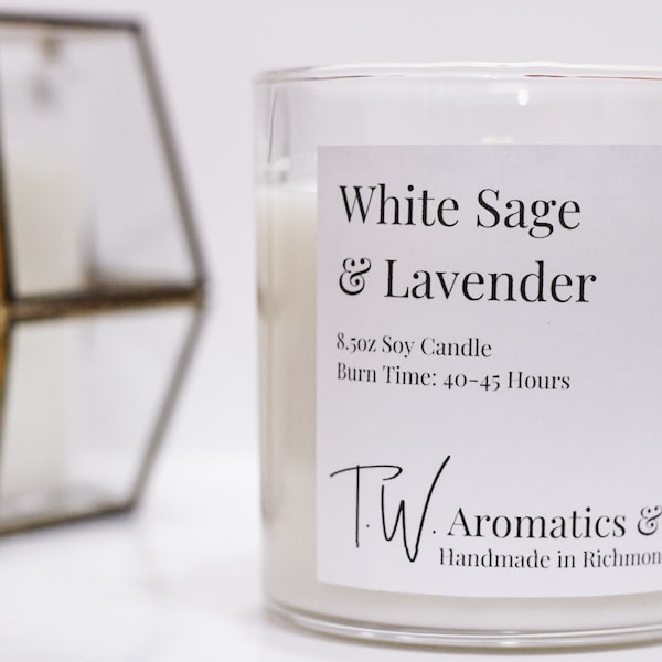 White Sage and Lavender | Hand Poured Soy Candle | 8.5oz Clear Glass Tumbler