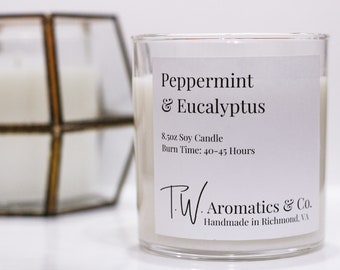 Peppermint and Eucalyptus Candle | Hand Poured Soy Candle | 8.5oz Clear Glass Tumbler