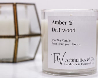 Amber and Driftwood Candle | Hand Poured Soy Candle | 8.5oz Clear Glass Container Tumbler