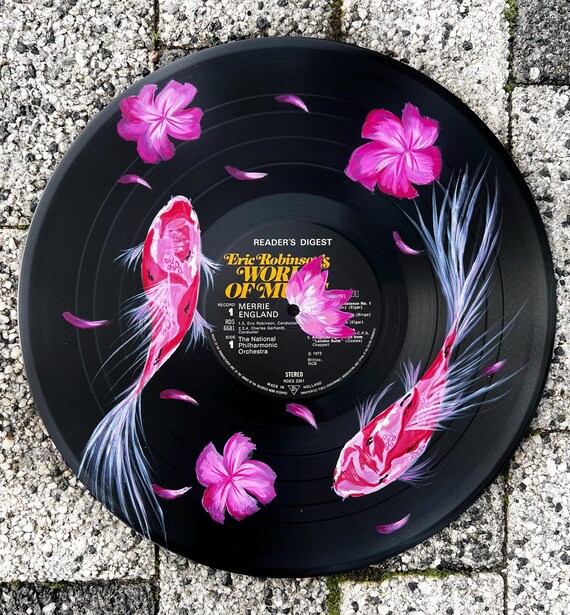 Hand Painted Vinyl Record Art - Pink Koi Fish and Cherry Blossom Petals | Upcycled Record Art | Japanese Inspired Home Decor