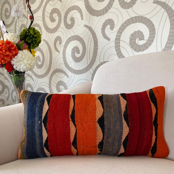 Striped Pillow 12x24 Orange Red Blue Pillow Cover, Turkish Kilim Rug Pillow, Bench Cushion, Outdoor Decor, Organic Pillow, Throw Pillow